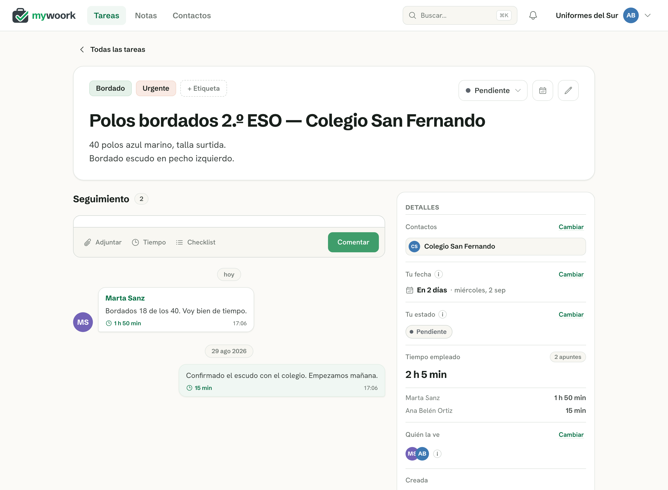 Ficha de una tarea en mywoork con el seguimiento, el estado por persona y el tiempo empleado