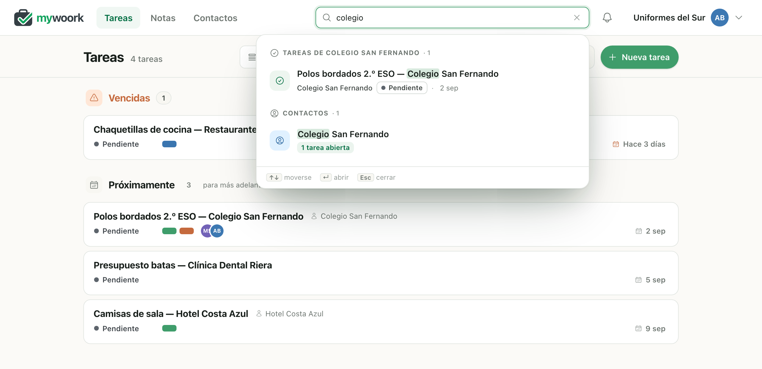 El buscador de mywoork mostrando los trabajos abiertos y el histórico de un cliente