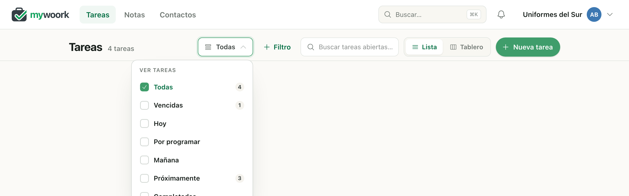 Menú de vistas de mywoork con Todas, Vencidas, Hoy, Por programar, Mañana, Próximamente y Completadas