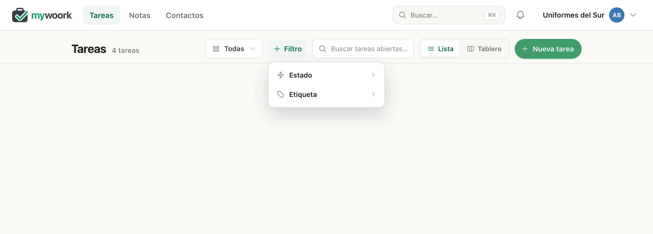 Menú de filtros de mywoork con las etiquetas y los estados