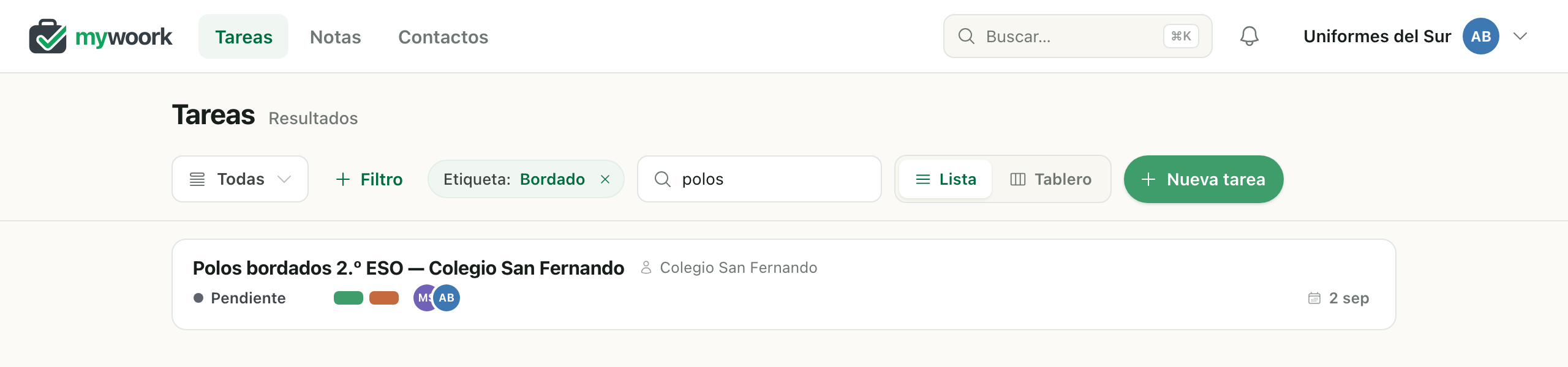 La lista de mywoork con el filtro Etiqueta: Bordado y la búsqueda «polos» a la vez, mostrando un único resultado