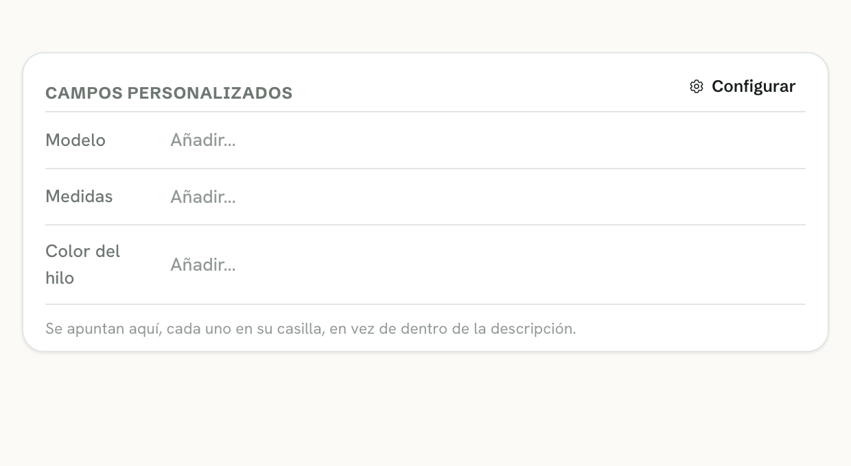 Bloque de campos personalizados en la ficha de una tarea de mywoork, con Modelo, Medidas y Color del hilo