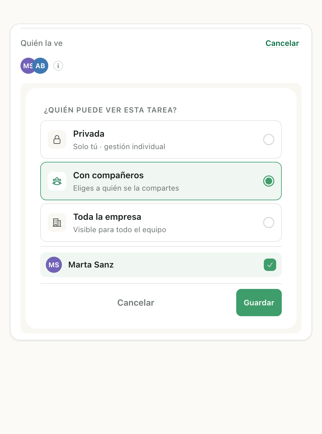 Selector «¿Quién puede ver esta tarea?» de mywoork con las opciones Privada, Con compañeros y Toda la empresa