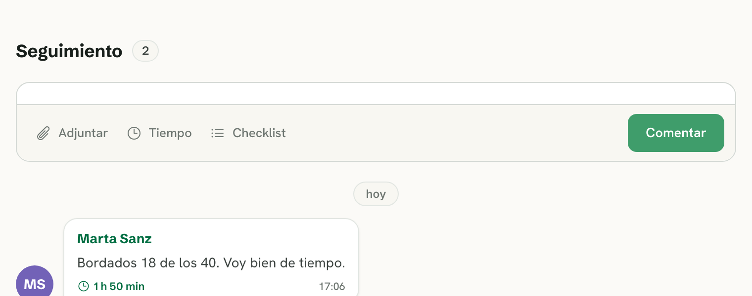 Barra del recuadro de comentario de mywoork, con los botones Adjuntar, Tiempo y Comentar